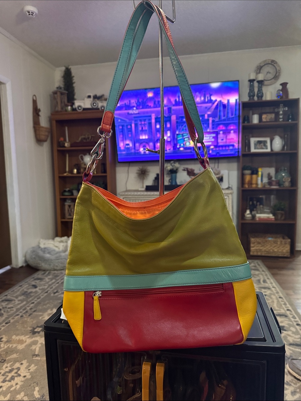 Multicolor Leather Shoulder Hobo Bag - Olive, Red & Teal